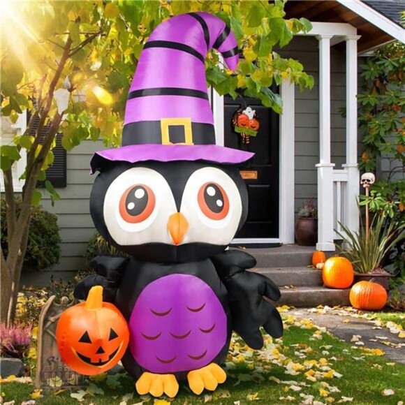 6FT Halloween Inflatables Outdoor Decorations Owl with Pumpkin - Picture 1 of 7